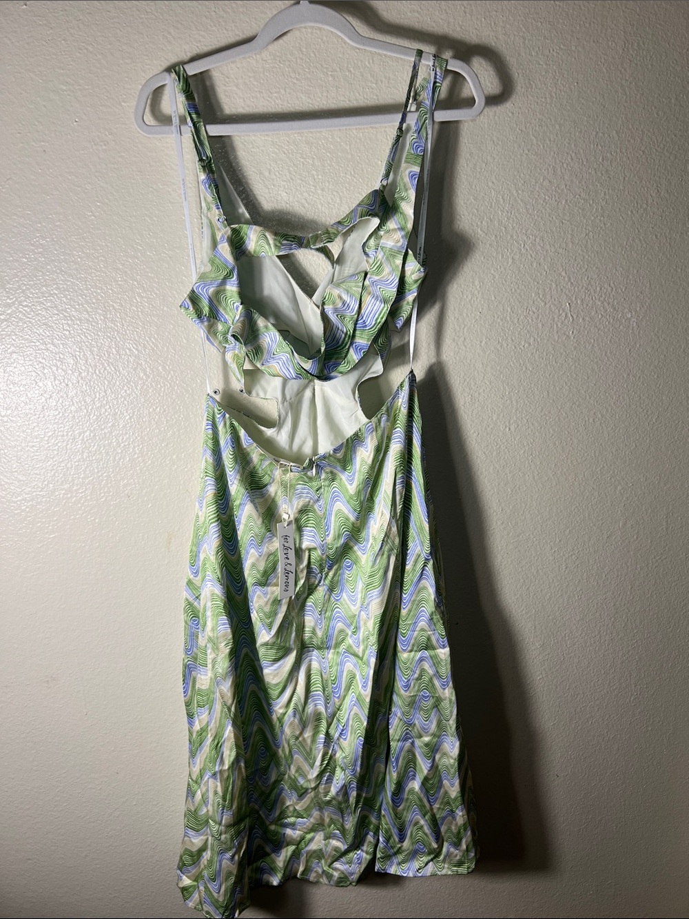 For Love And Lemons Green and White Wave-Print Mini Dress size L - Picture 4 of 14
